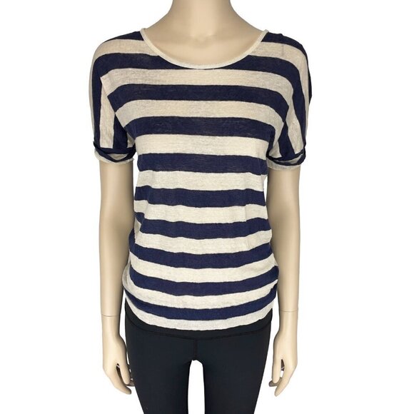 GERARD DAREL 100% Linen Boat Neck Classic Striped Navy White T-Shirt Top sz 1 - Picture 1 of 6